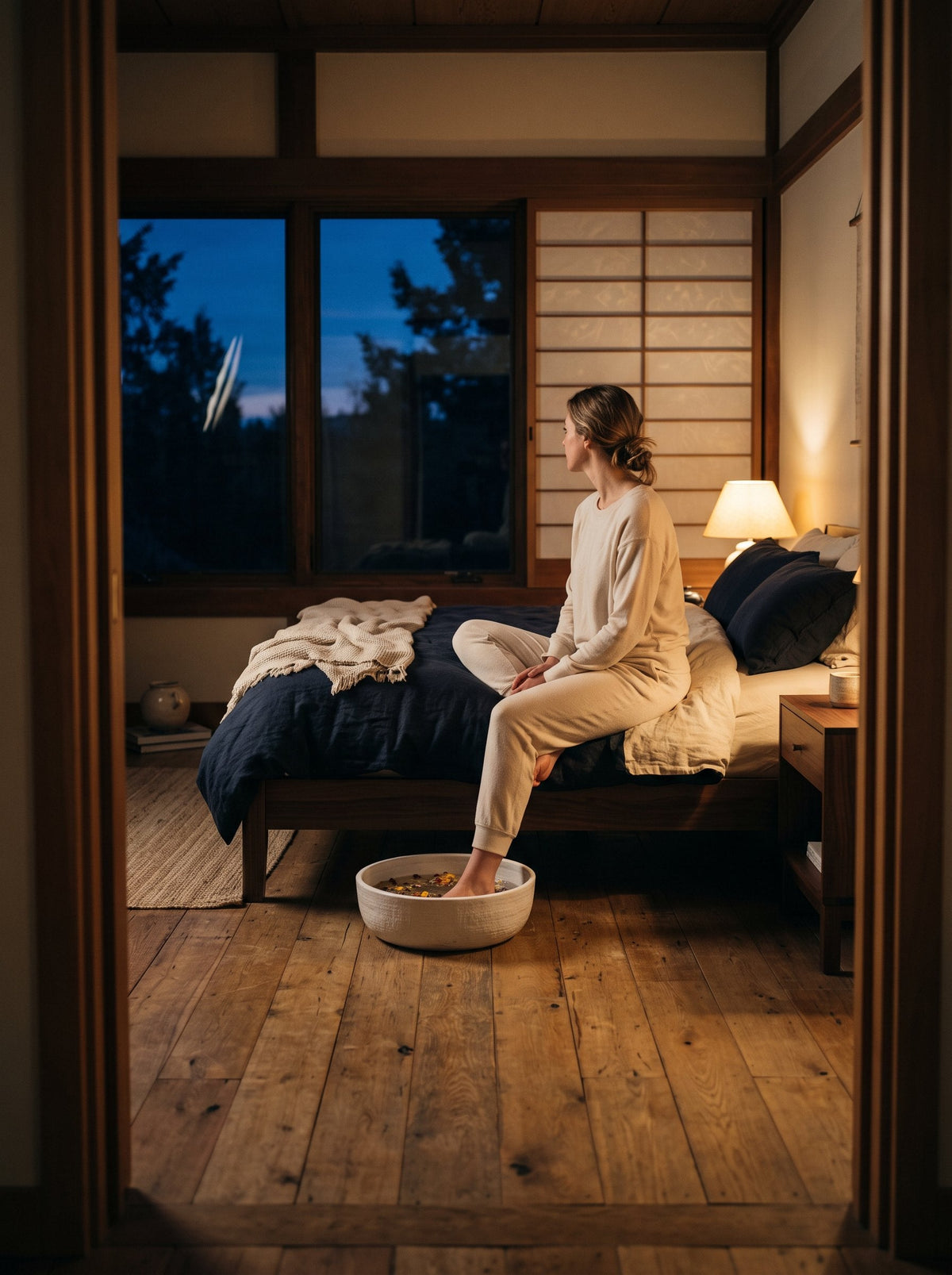 Feet soaking in a steaming basin in a warmly lit bedroom at dusk
