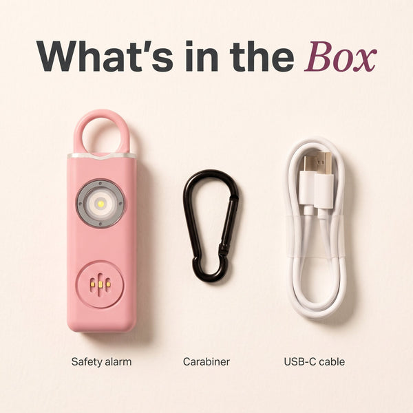 What's in the box: safety alarm, carabiner, USB-C cable